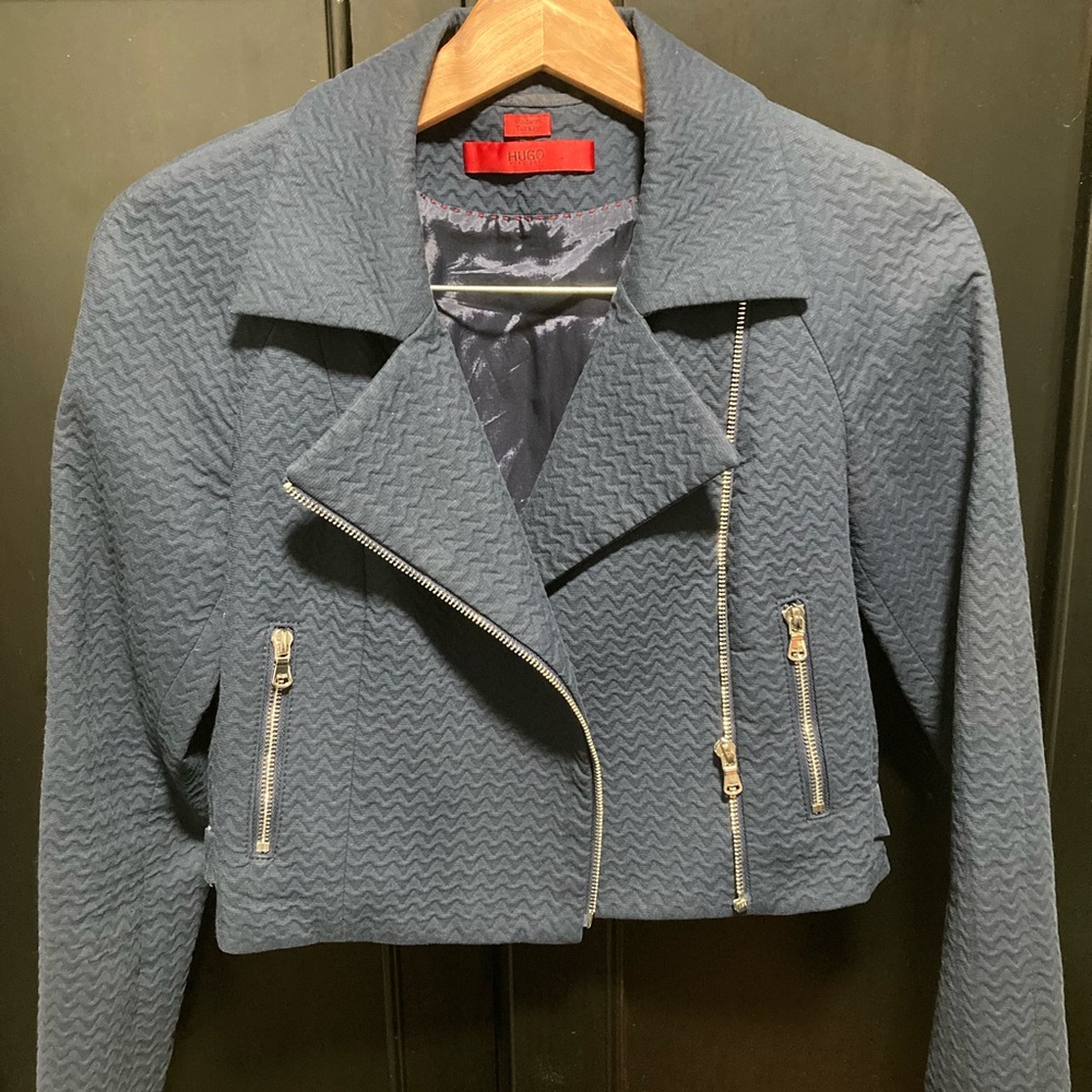 HUGO navy cropped moto jacket